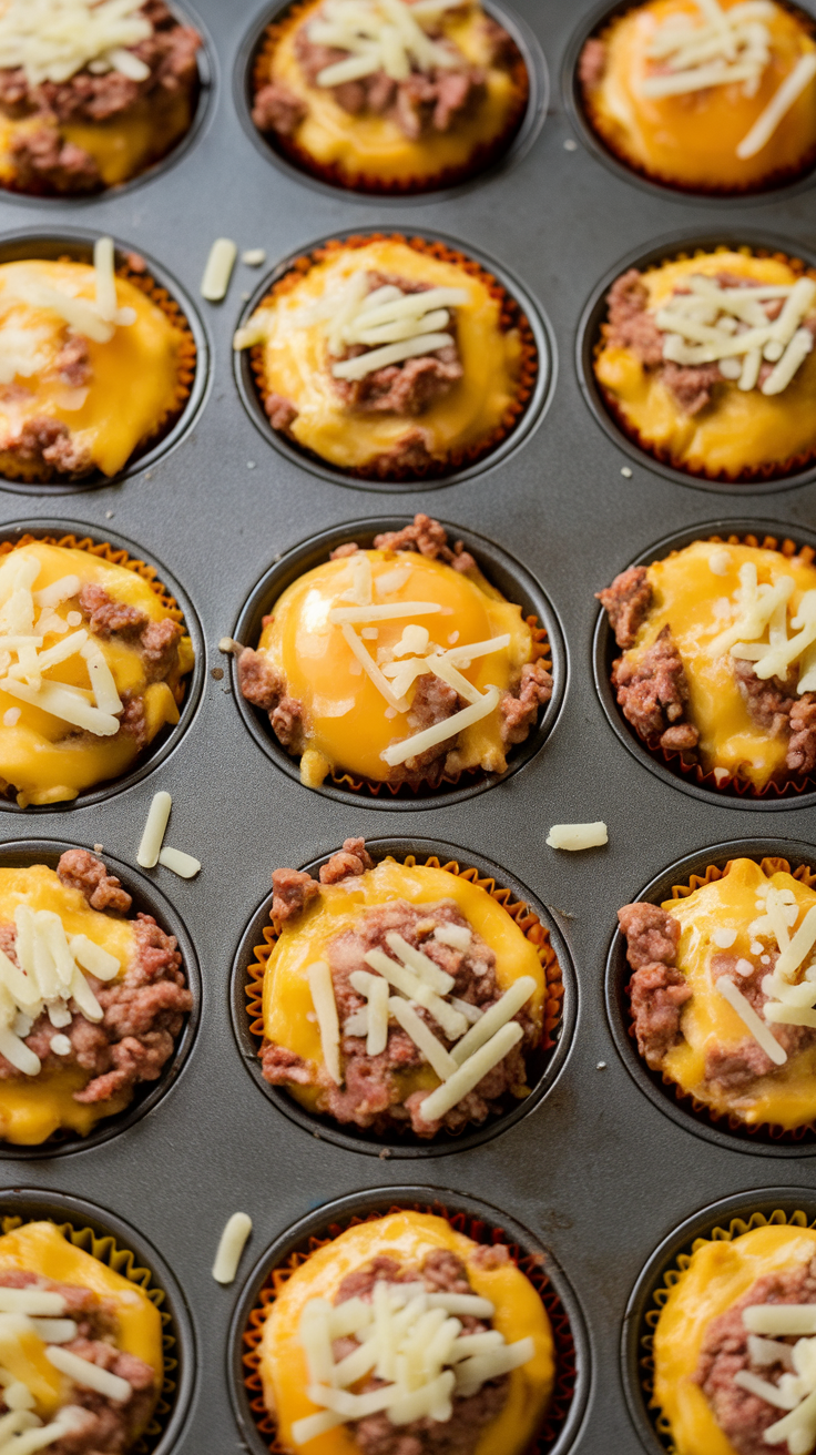 A tray of beef and egg breakfast muffins topped with cheese.