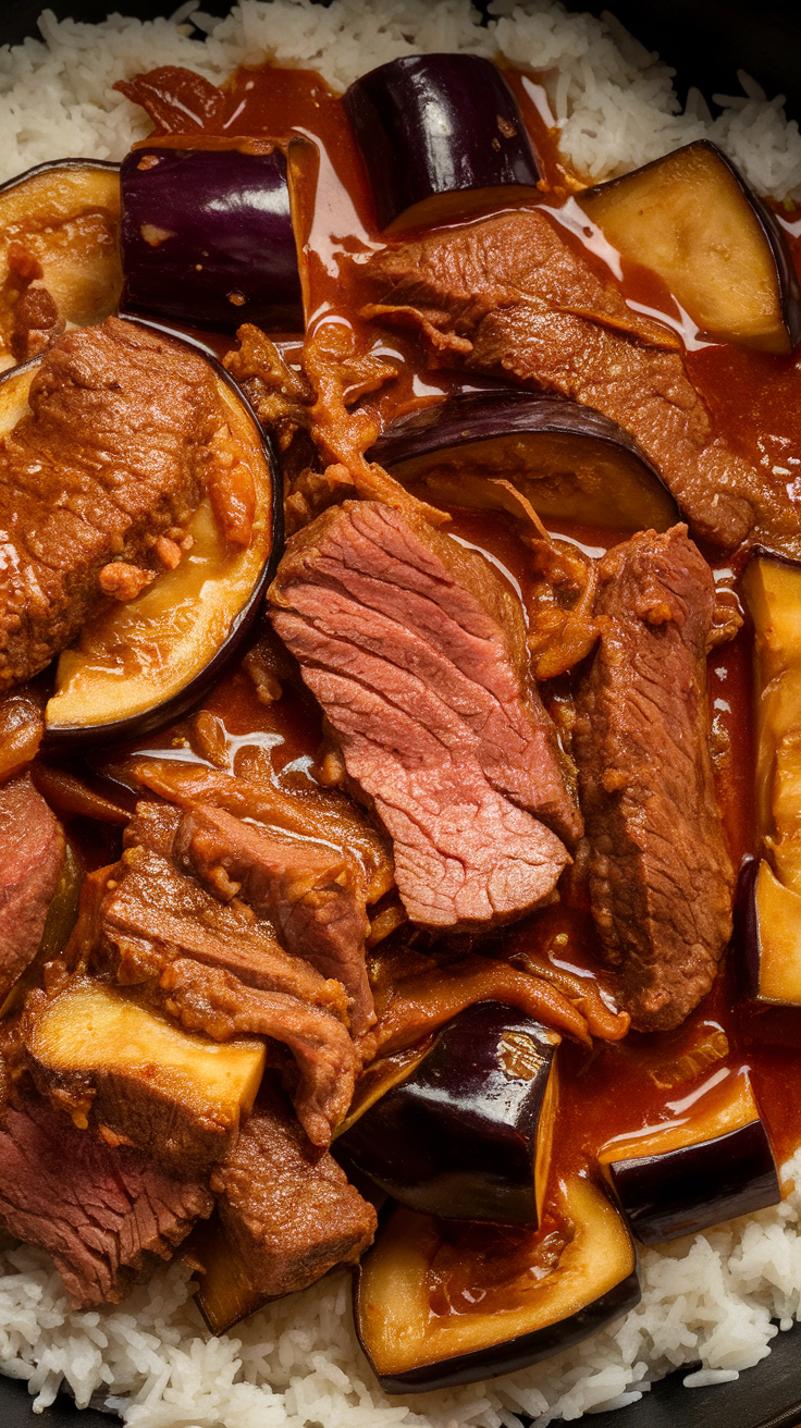 A close-up shot of beef and eggplant stir-fry served over rice, featuring tender pieces of beef and chunks of eggplant in a rich sauce.