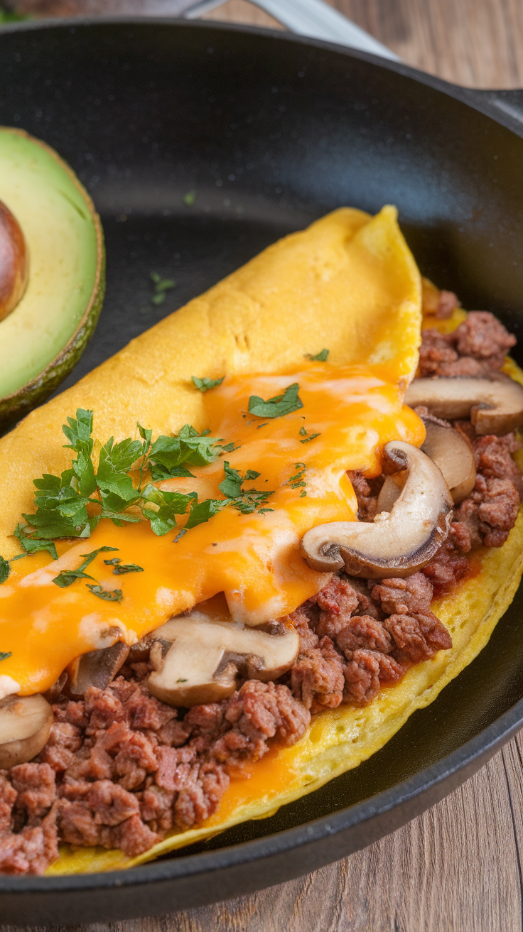 A delicious beef and mushroom keto omelette garnished with cheese and herbs, served in a skillet.