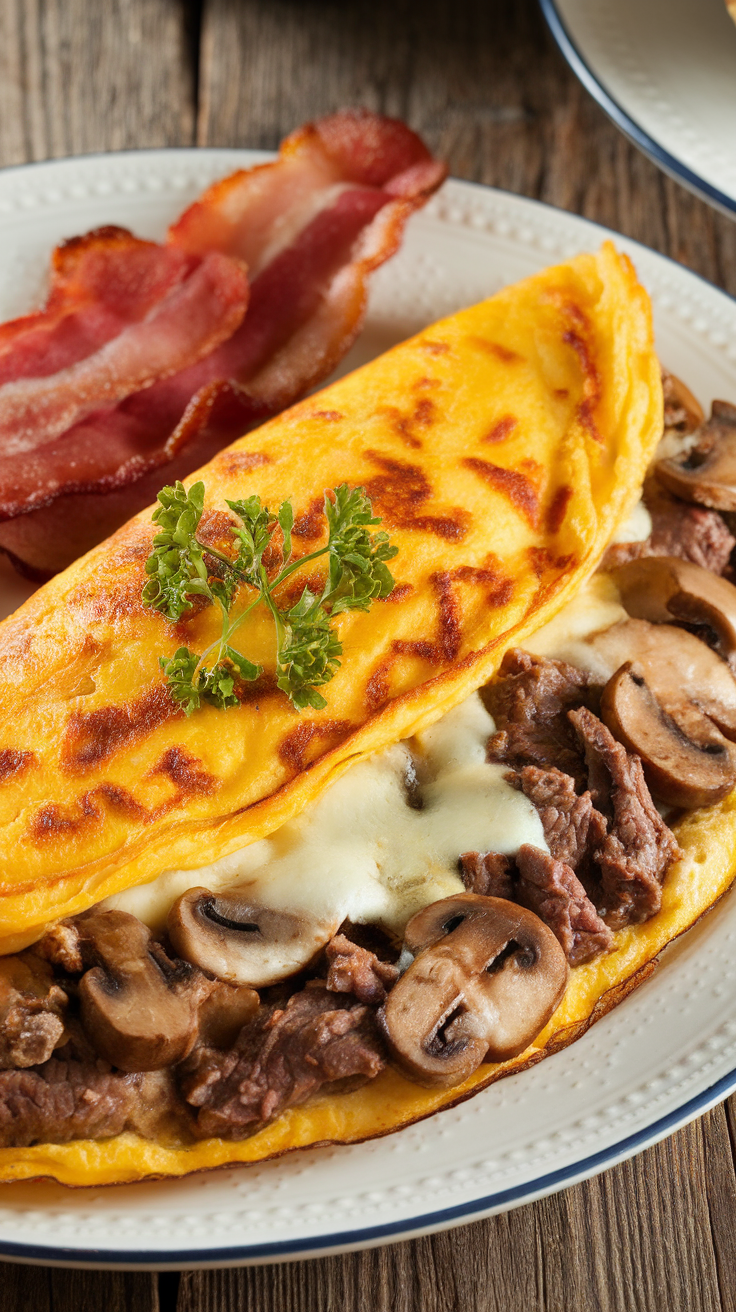 A delicious beef and mushroom omelette garnished with parsley, served with bacon on the side.