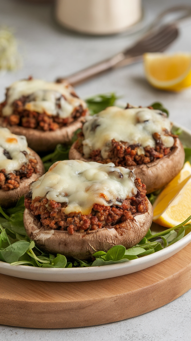 Plate of beef and mushroom stuffed portobello mushrooms with cheese on top