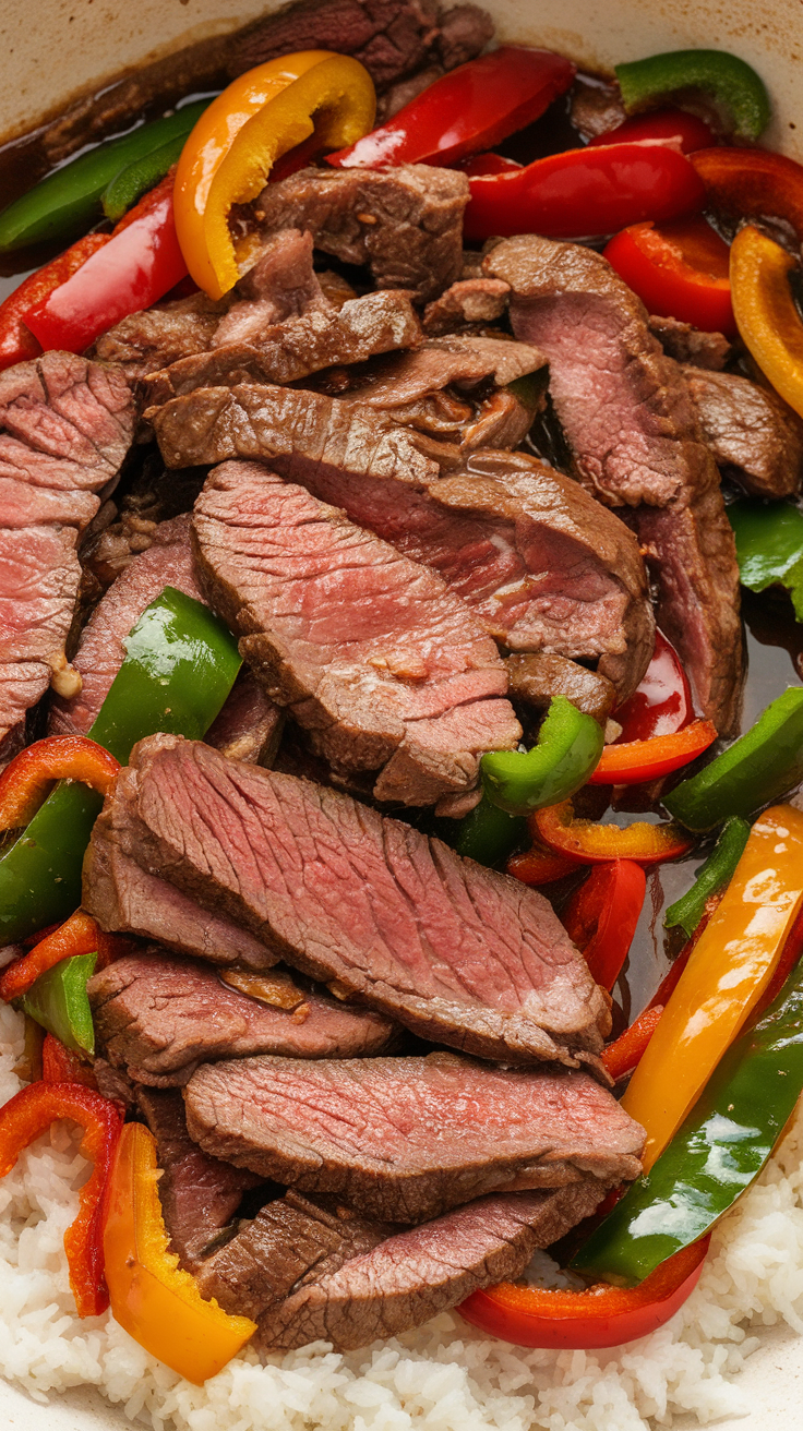 A delicious plate of beef and pepper stir-fry over rice