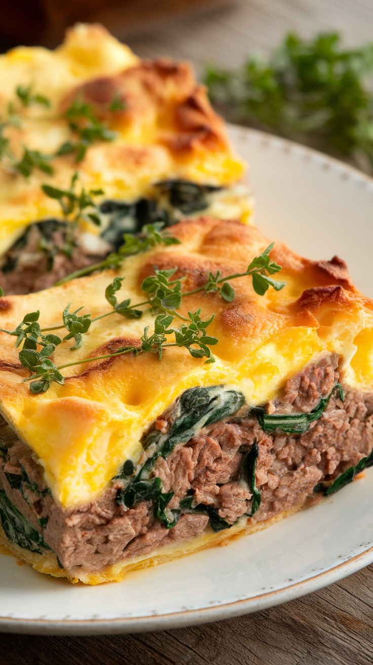 Close-up of a slice of beef and spinach egg casserole with herbs on top.