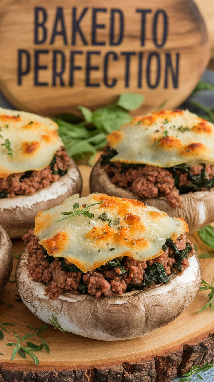 Baked beef and spinach stuffed mushrooms topped with cheese on a wooden platter.