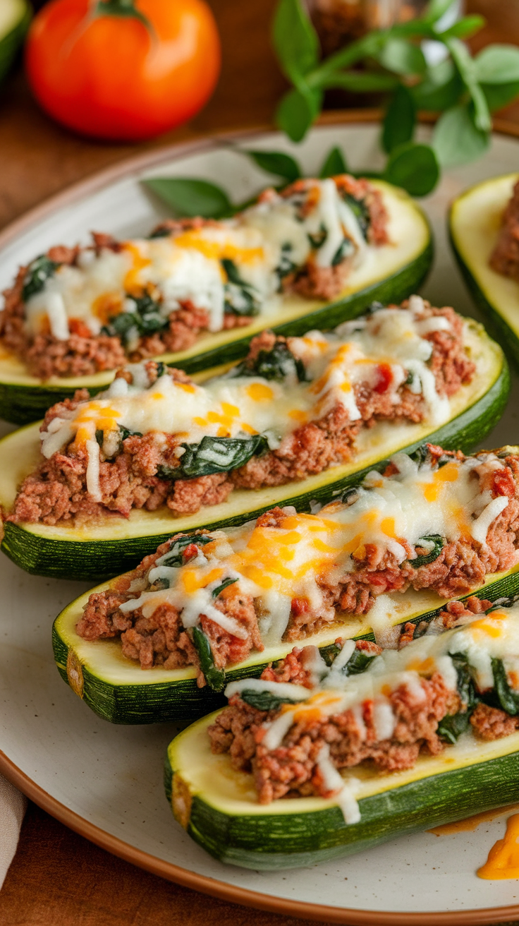 Beef and spinach stuffed zucchini boats on a plate.