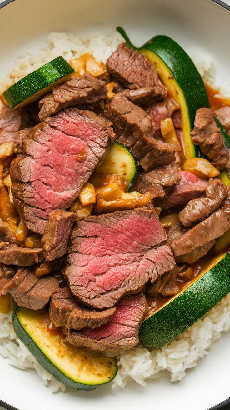 A delicious beef and zucchini stir-fry served over rice.