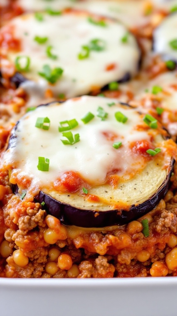 A delicious Beefy Eggplant Parmesan Casserole topped with cheese and herbs.