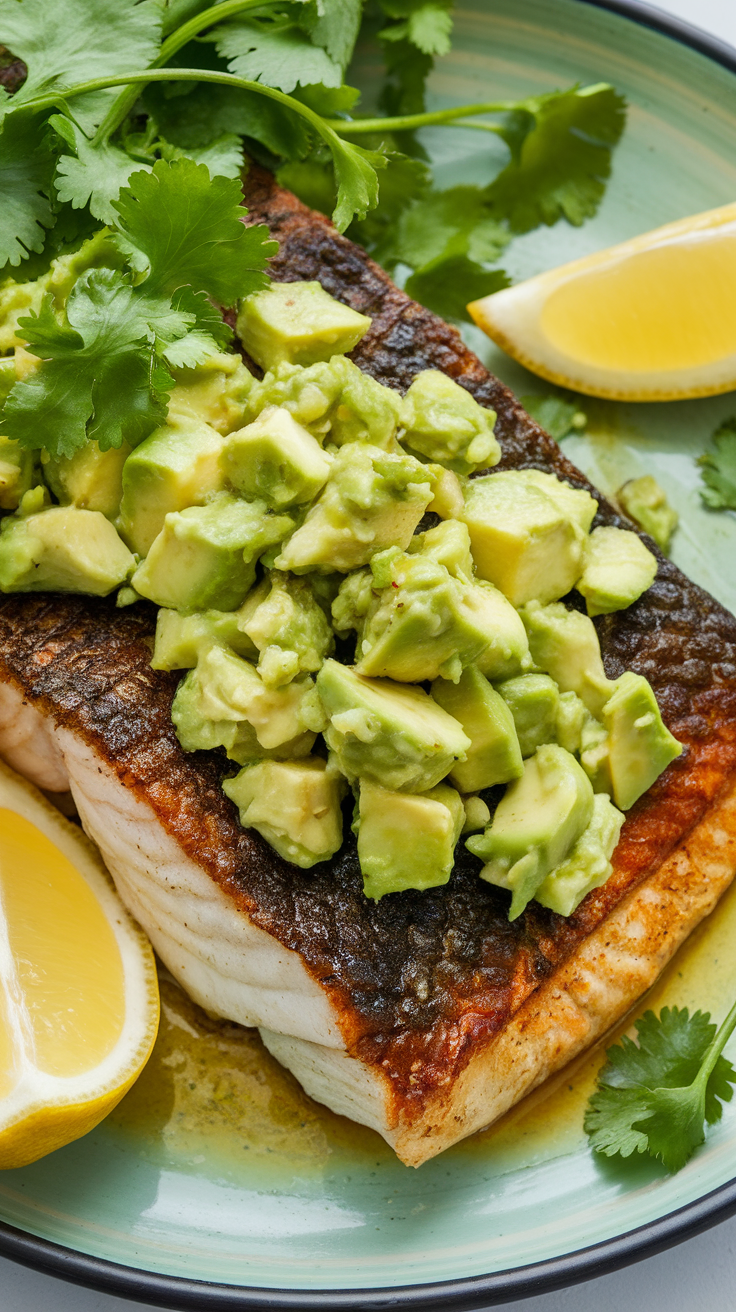 Blackened snapper topped with avocado salsa and garnished with cilantro and lemon wedges