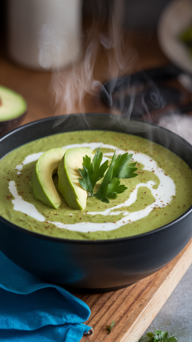 A bowl of creamy broccoli and avocado soup topped with avocado slices and parsley