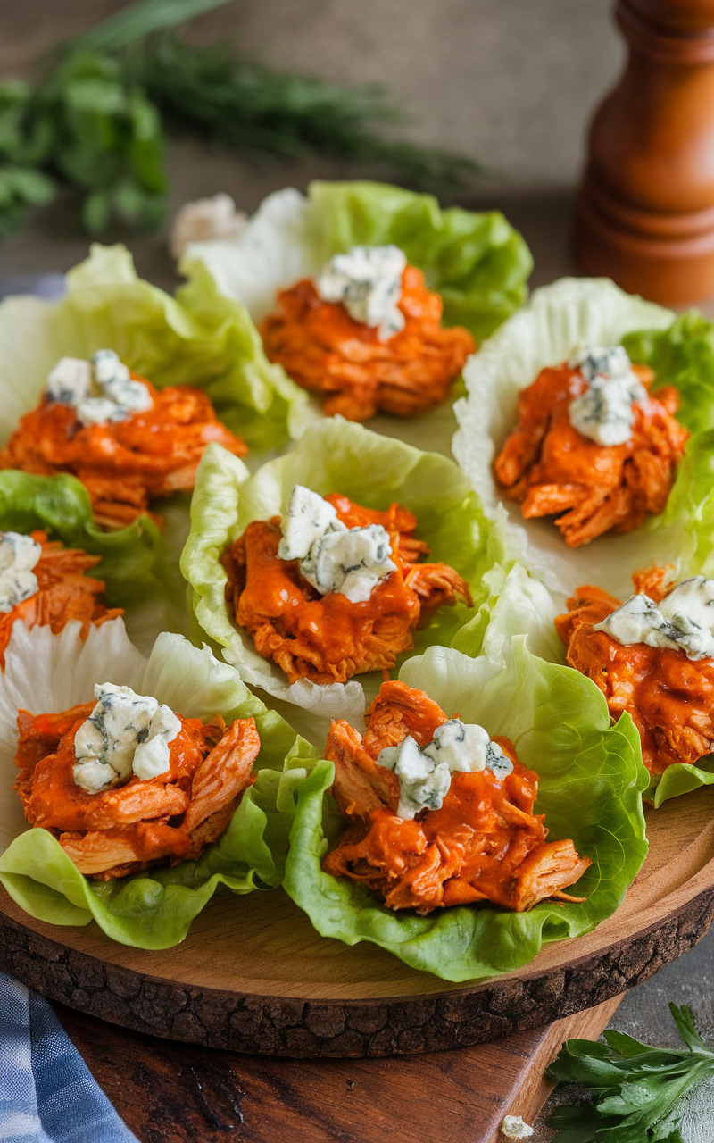 Buffalo chicken lettuce wraps arranged on a wooden platter with blue cheese crumbles