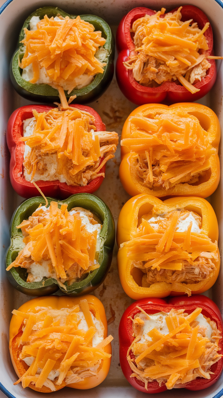 Colorful stuffed bell peppers topped with shredded cheese