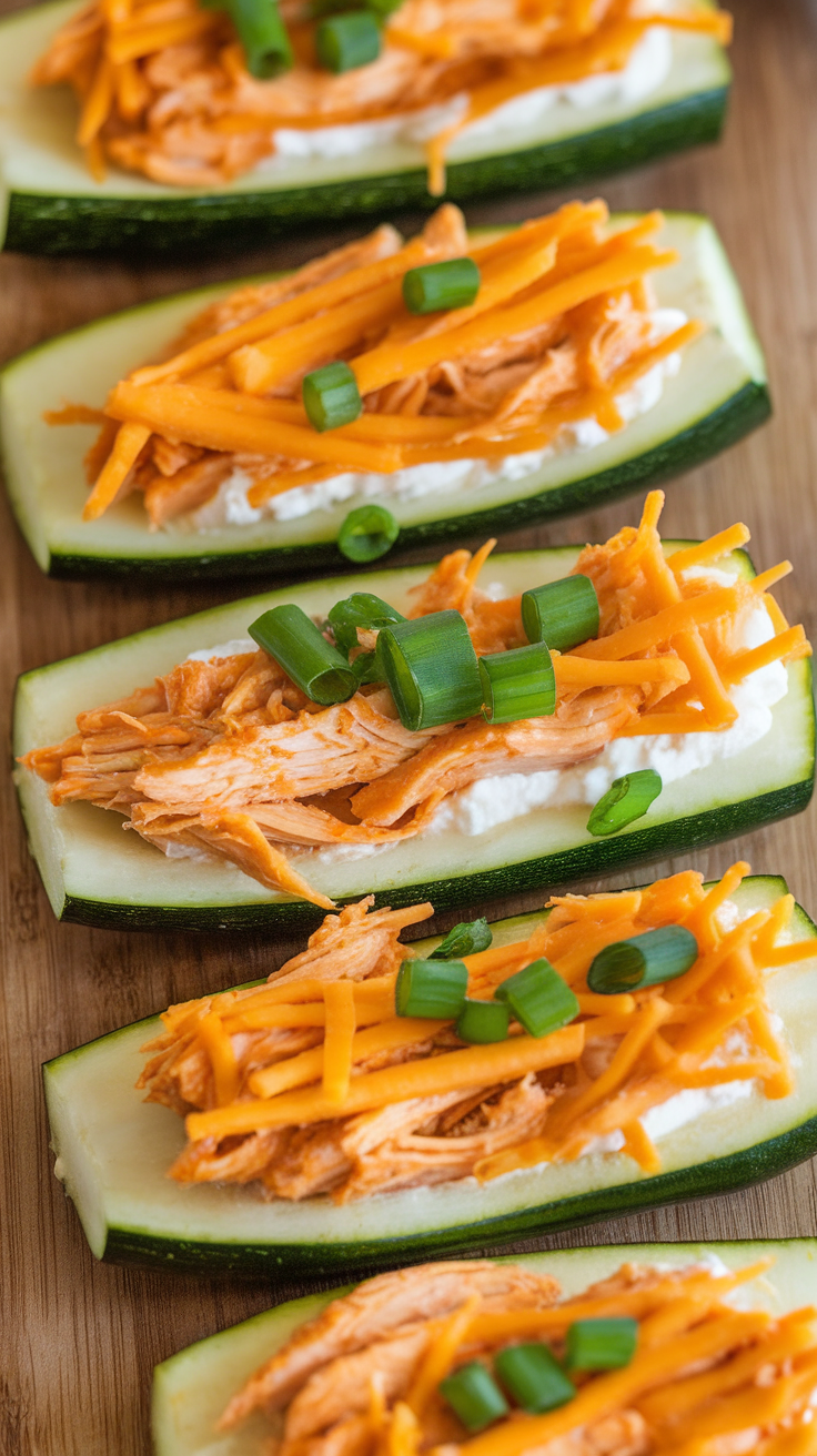 Buffalo chicken stuffed zucchini boats topped with cheese and green onions.