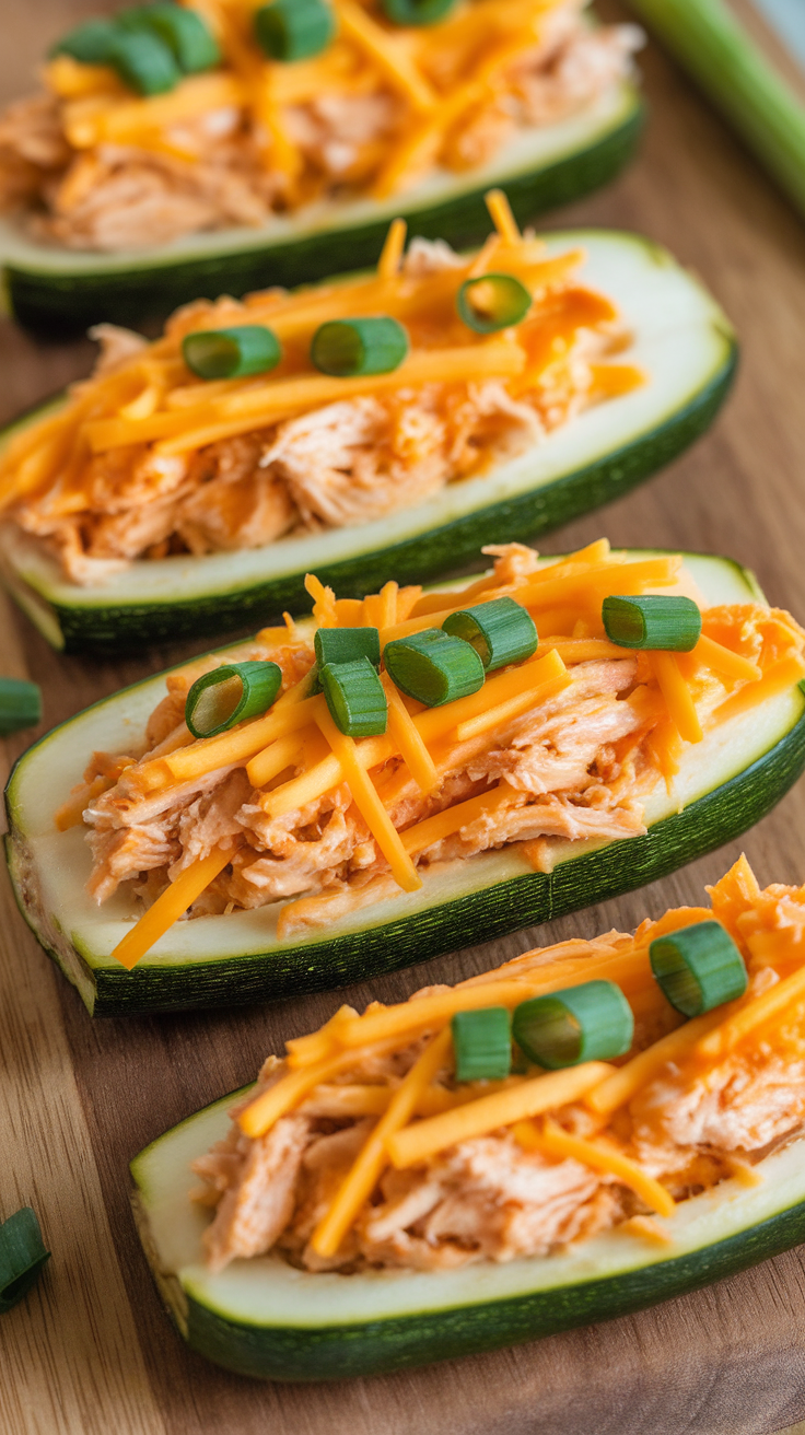 Buffalo Chicken Stuffed Zucchini Boats topped with cheese and green onions.