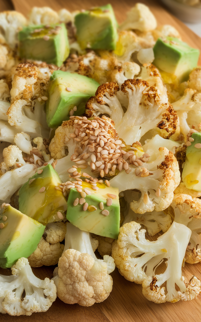 A close-up of a cauliflower and avocado salad with sesame seeds.