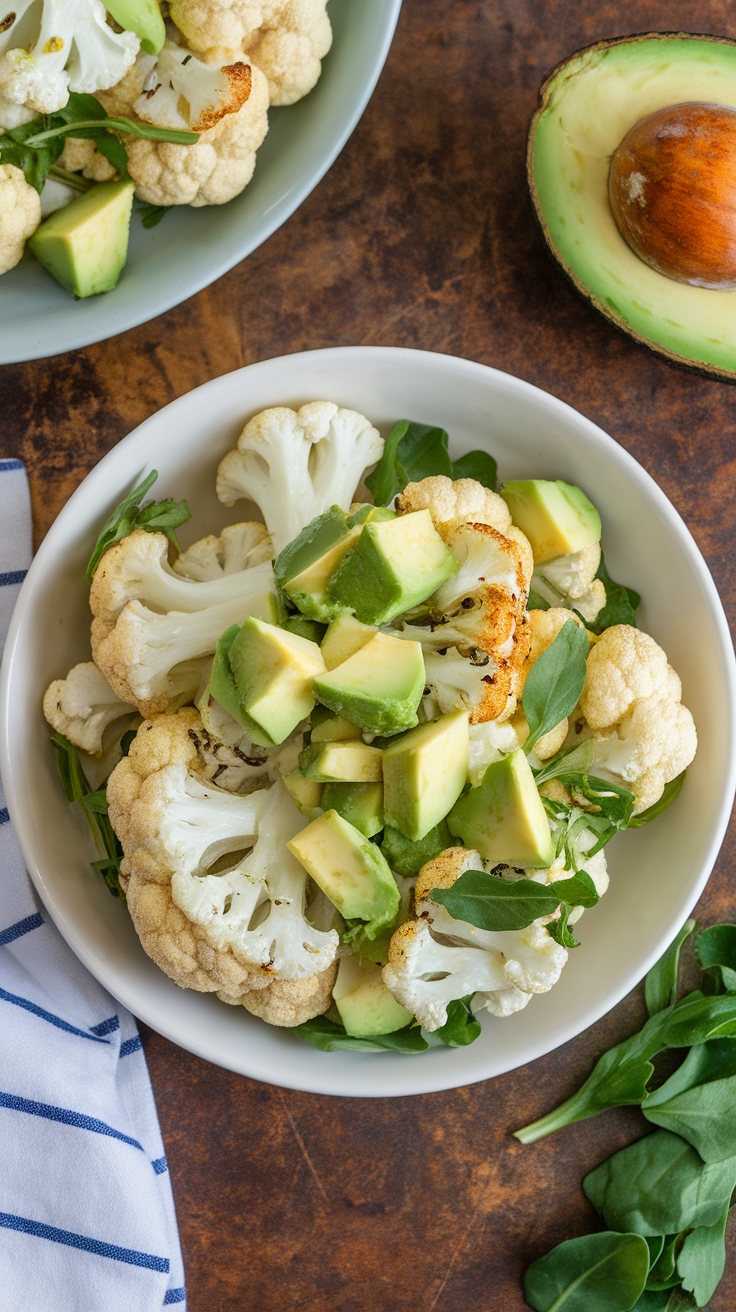 A bowl of cauliflower and avocado salad with greens