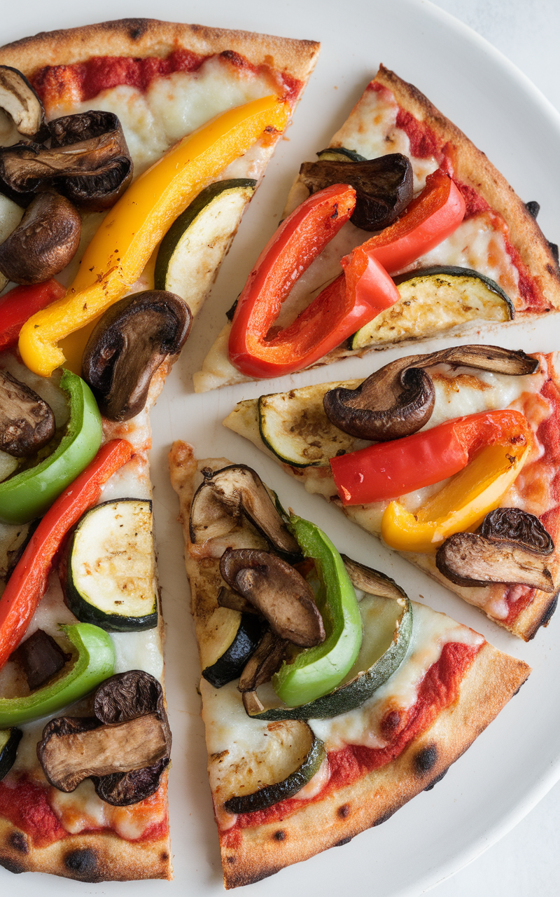 A sliced cauliflower pizza topped with colorful vegetables.