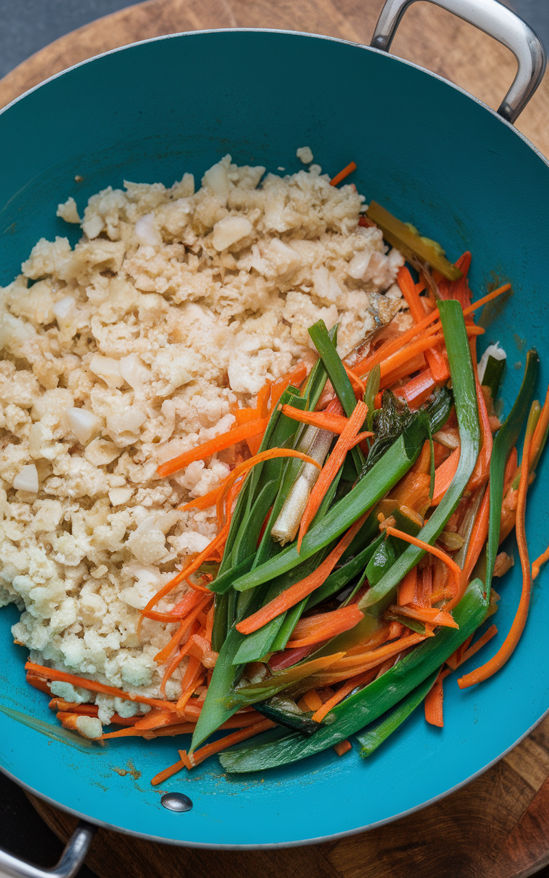 A vibrant stir-fry with cauliflower rice, carrots, and green onions in a blue pan.