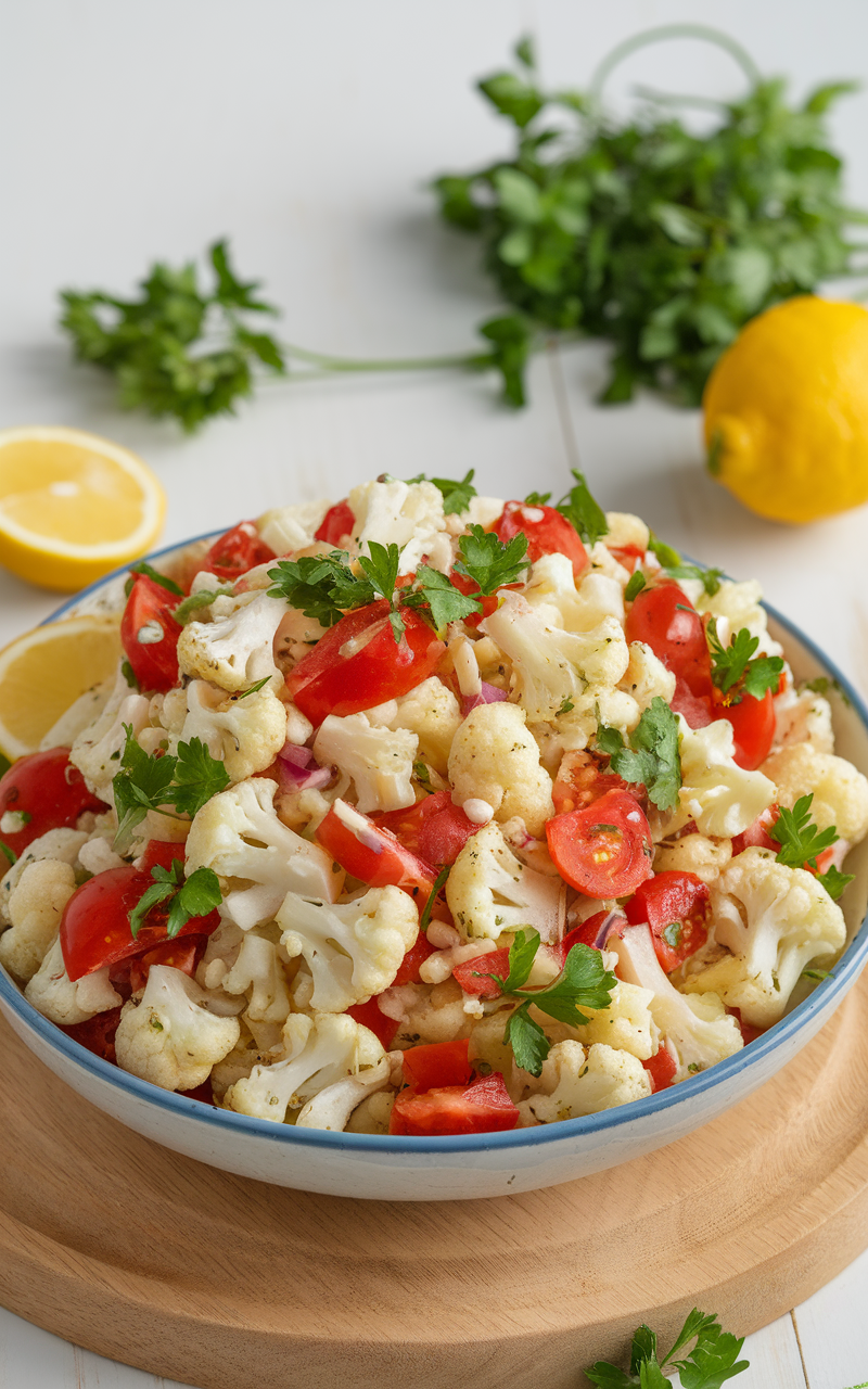 A bowl of colorful cauliflower tabbouleh with parsley and cherry tomatoes