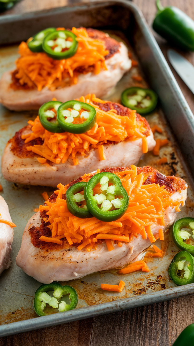 Cheddar and jalapeño stuffed chicken breasts on a baking tray