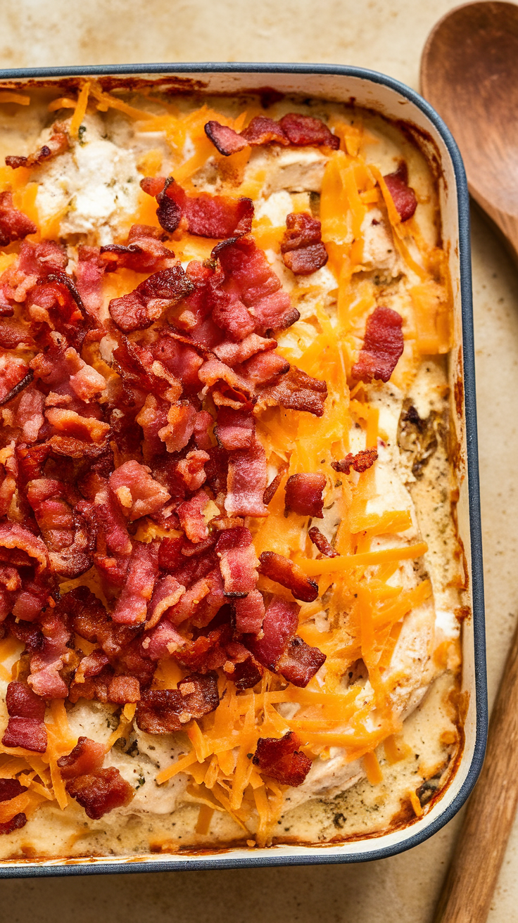 Cheesy Bacon Ranch Chicken Casserole topped with bacon and cheese.