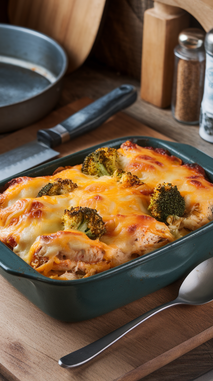 A cheesy broccoli and chicken casserole in a green dish, ready to serve.