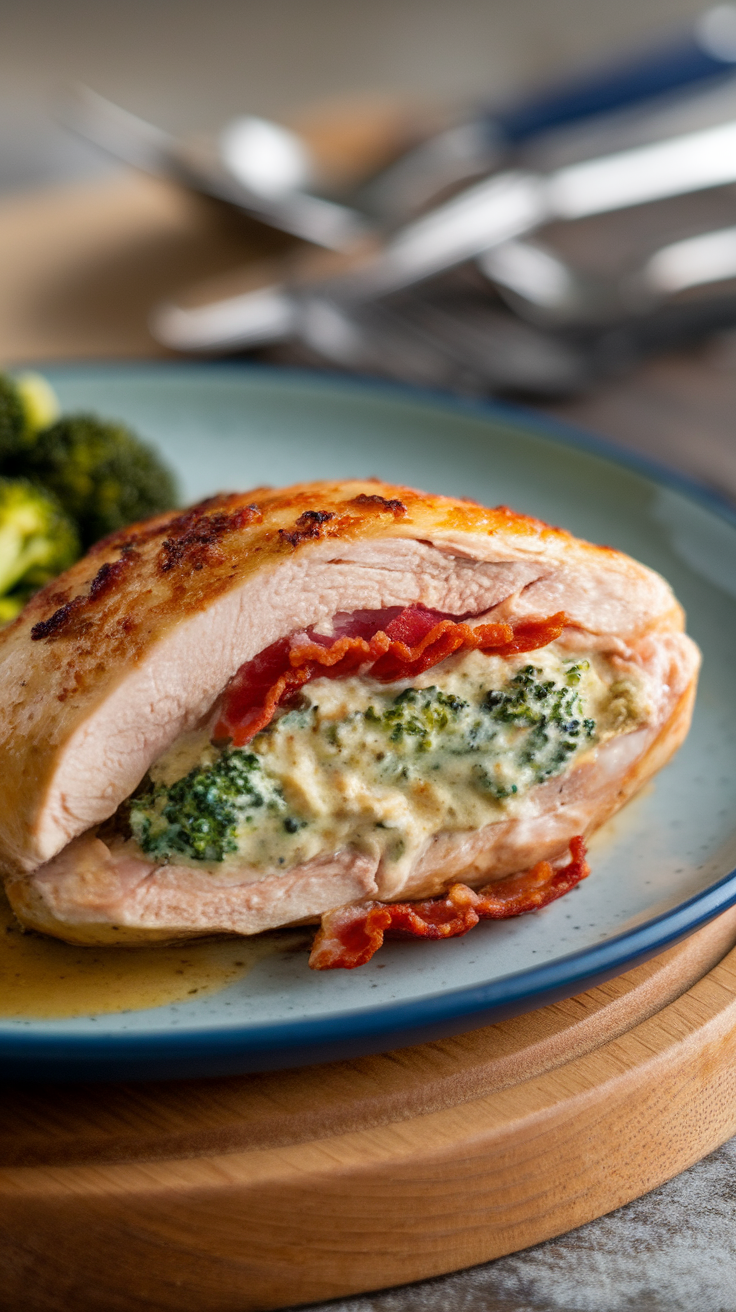 Delicious cheesy broccoli and bacon stuffed chicken on a plate