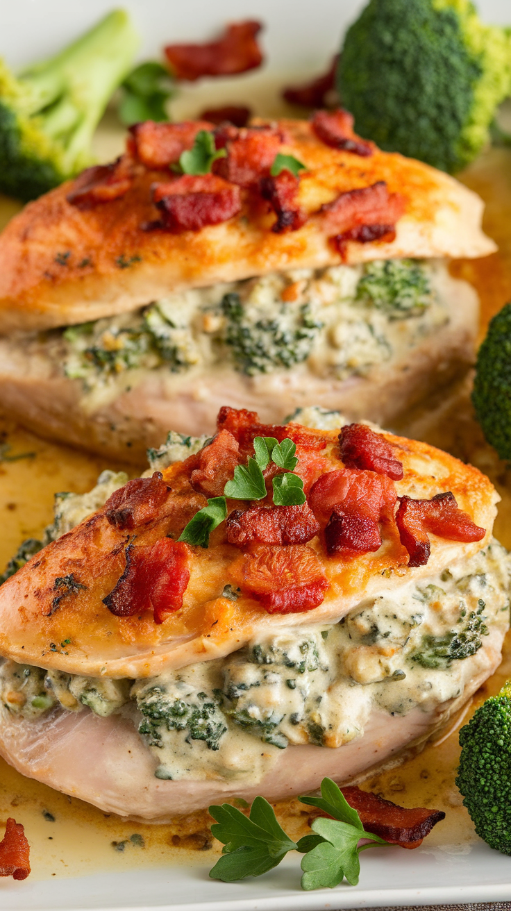 Two stuffed chicken breasts with cheesy broccoli and bacon, garnished with parsley and served with broccoli on the side.