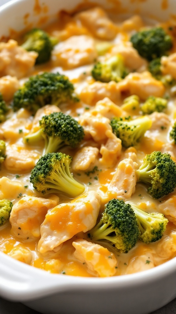 A close-up of a cheesy broccoli and chicken casserole with broccoli florets and chunks of chicken in a creamy sauce.