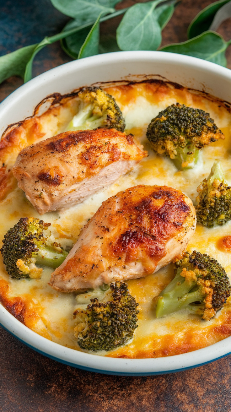 A delicious cheesy broccoli and chicken casserole with golden-brown chicken breasts and vibrant green broccoli.