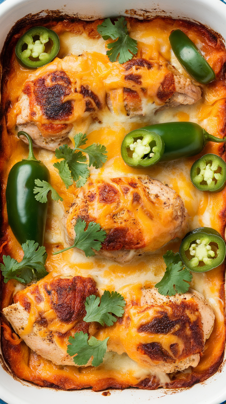 Cheesy Jalapeno Chicken Casserole featuring chicken, jalapenos, and melted cheese.