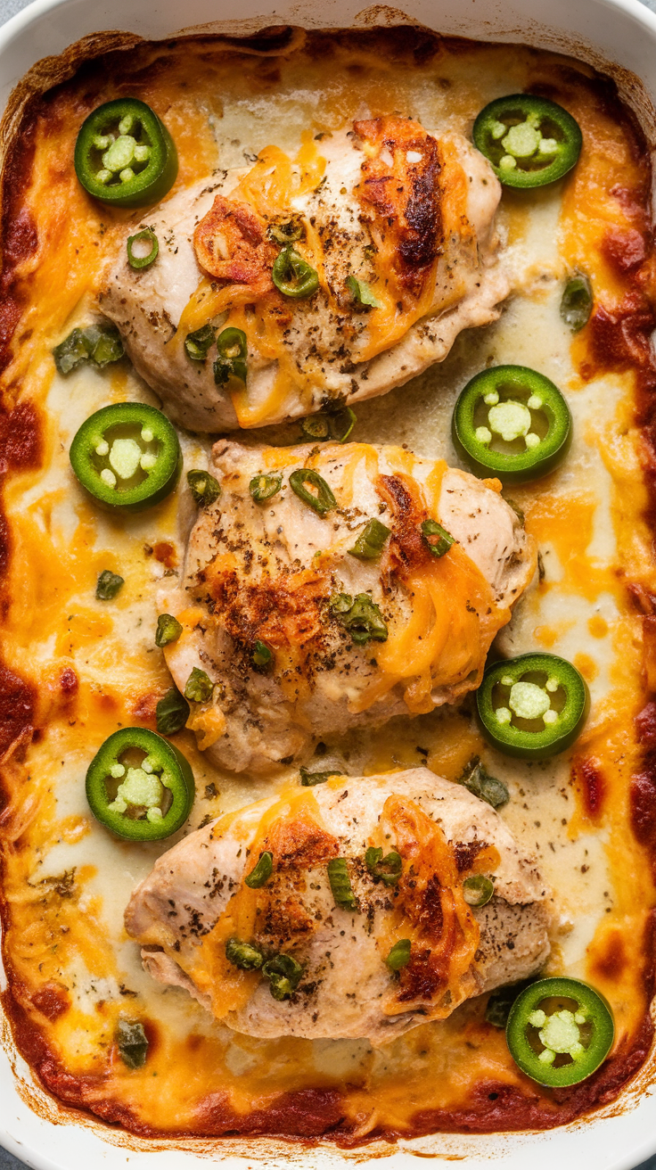 A delicious Cheesy Jalapeño Popper Chicken Bake with melted cheese and jalapeños on top.