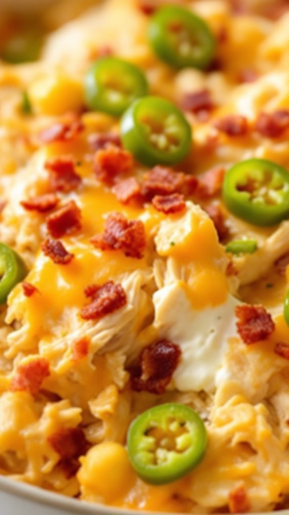 Cheesy Jalapeño Popper Chicken Casserole topped with jalapeños and bacon