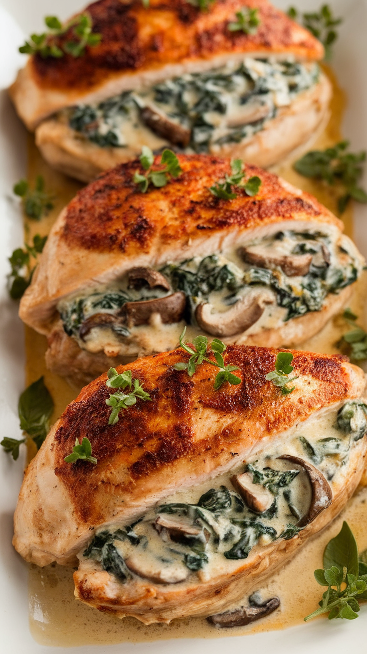 Cheesy Spinach and Mushroom Stuffed Chicken on a plate