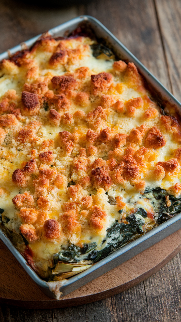 A delicious Cheesy Spinach Artichoke Casserole baked to golden perfection.