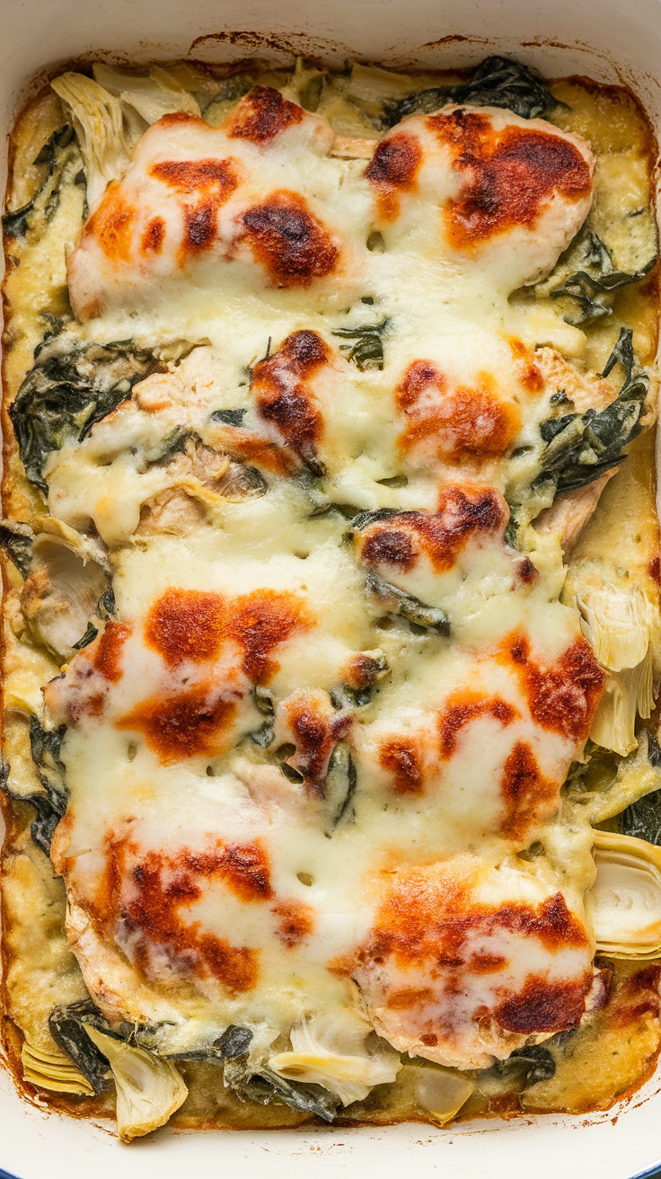 A cheesy spinach artichoke chicken casserole with melted cheese on top.