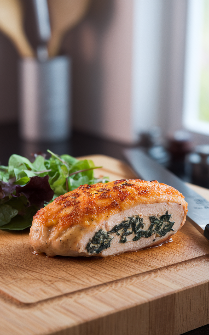 Delicious Cheesy Spinach Stuffed Chicken on a cutting board with salad