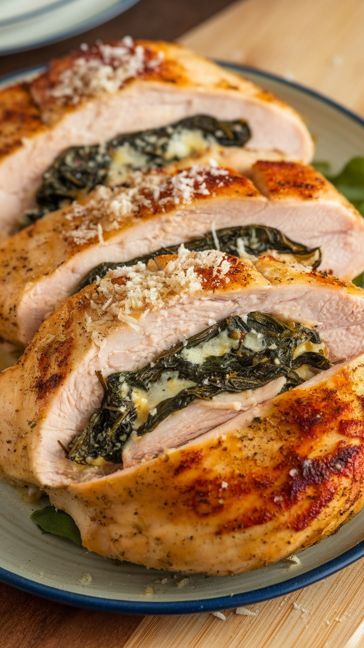 Close-up of cheesy spinach stuffed chicken breasts sliced to show filling