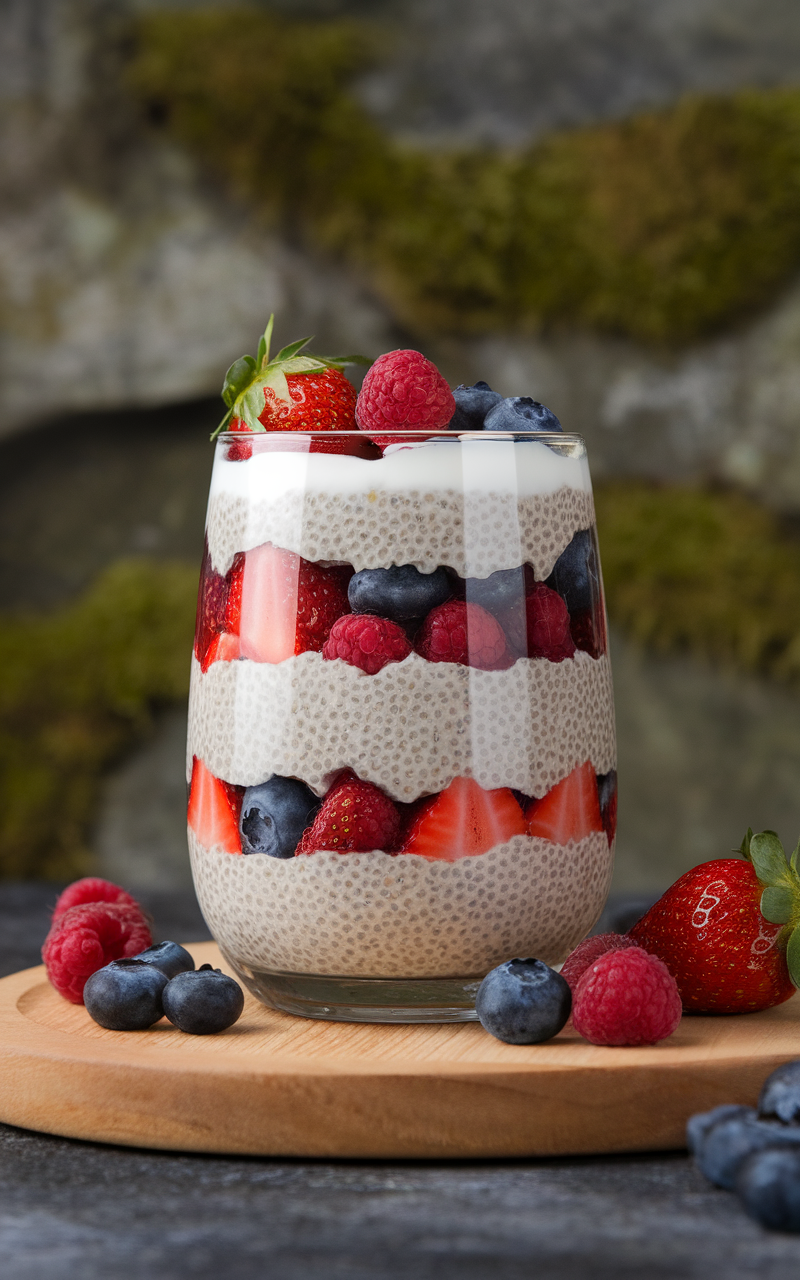 A glass of chia seed pudding layered with strawberries, blueberries, and raspberries.