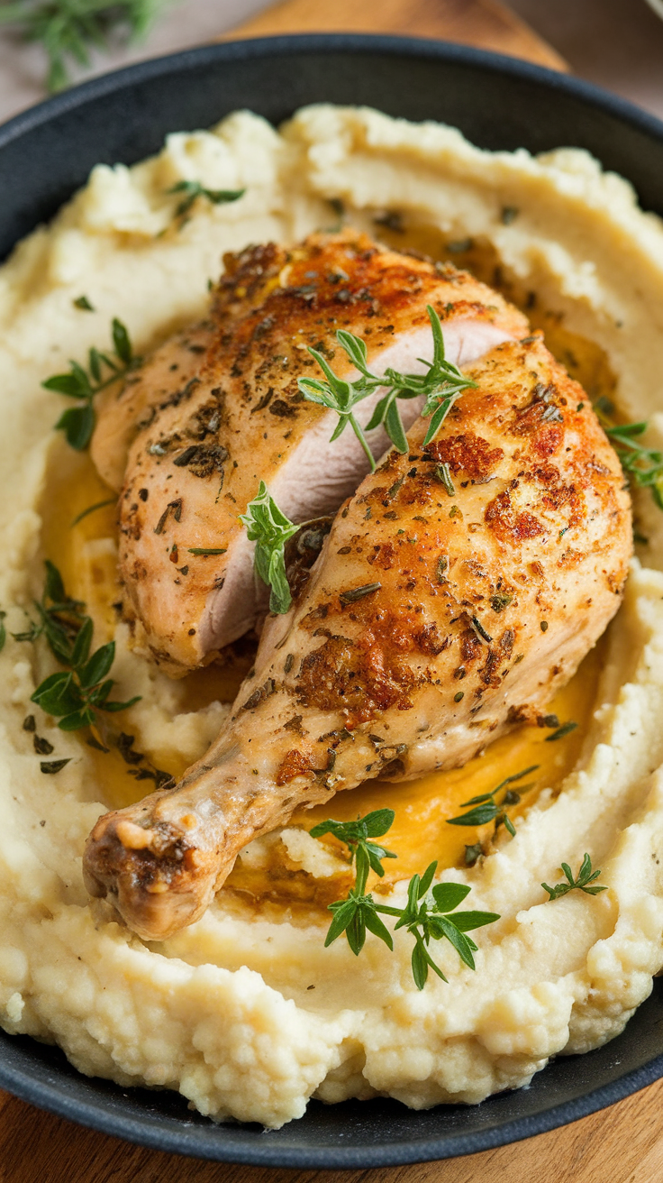 A delicious chicken and cauliflower mash bowl with herbs