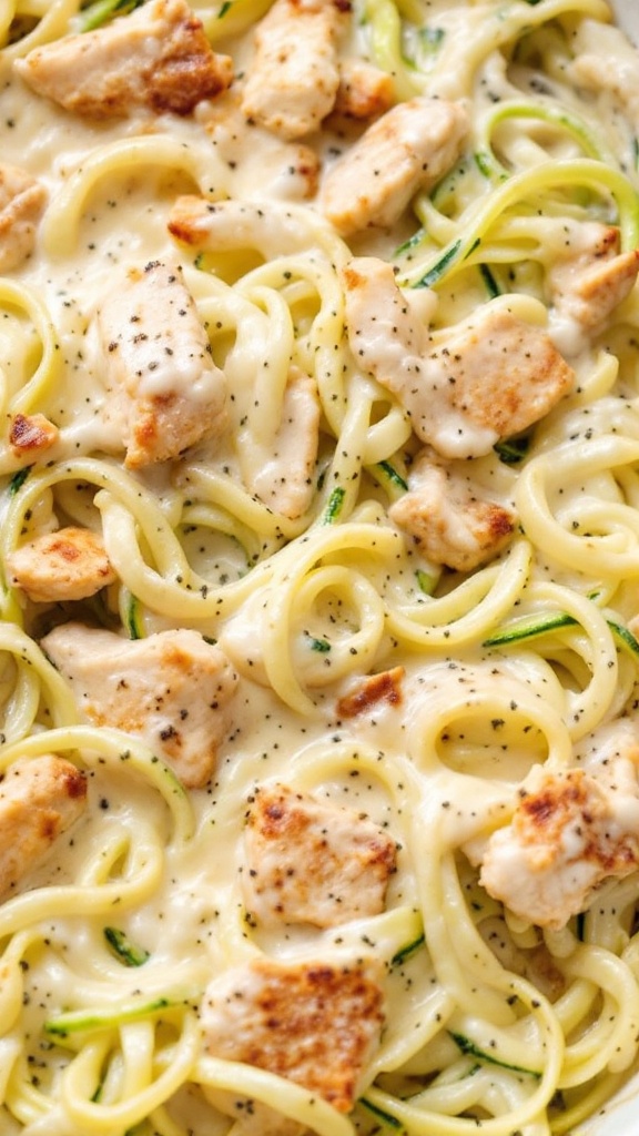 A close-up of Chicken and Zucchini Alfredo Bake, featuring chicken pieces and zucchini noodles in a creamy Alfredo sauce.