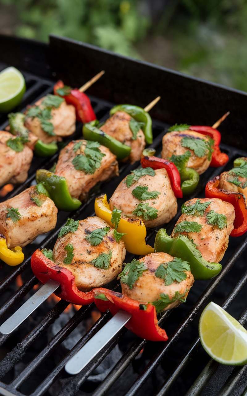 Grilled cilantro lime chicken skewers on a grill with colorful bell peppers.