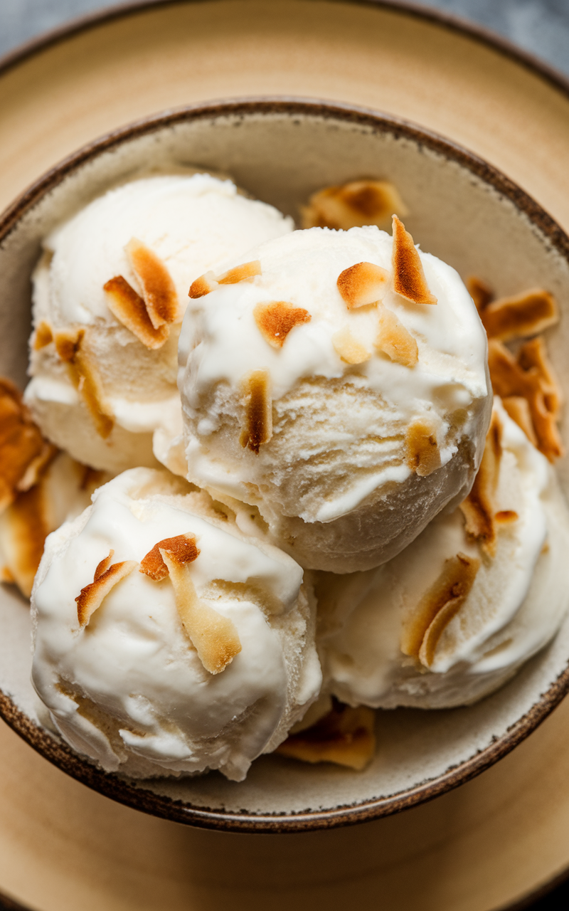 A bowl of coconut keto ice cream topped with toasted coconut flakes.