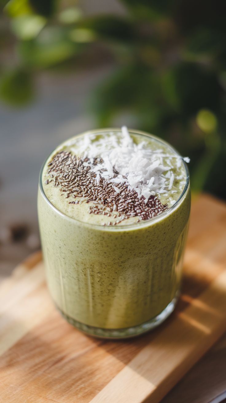 Creamy coconut milk and avocado smoothie topped with chia seeds and coconut flakes