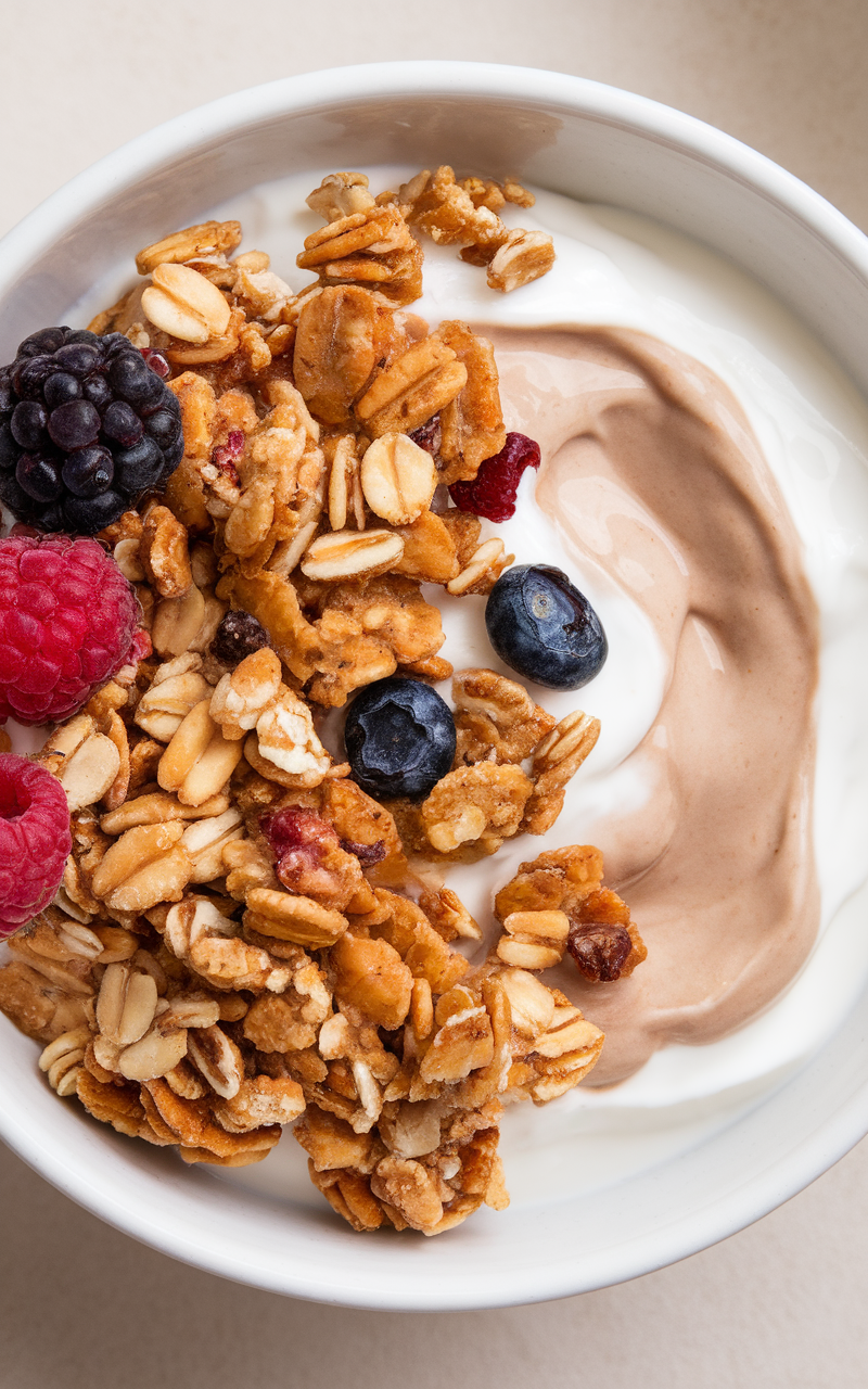 A bowl of coconut yogurt topped with keto granola, raspberries, and blueberries