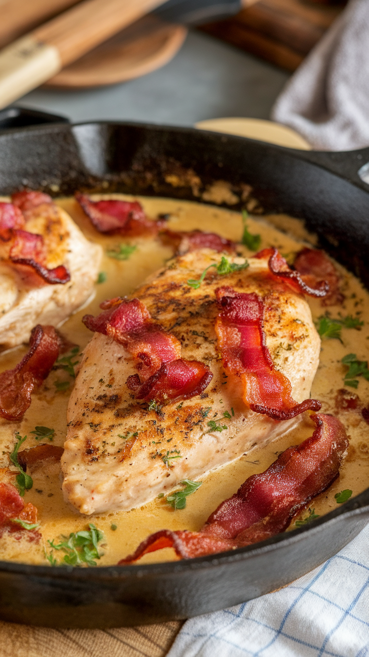 A skillet with two pieces of chicken topped with crispy bacon in a creamy sauce.