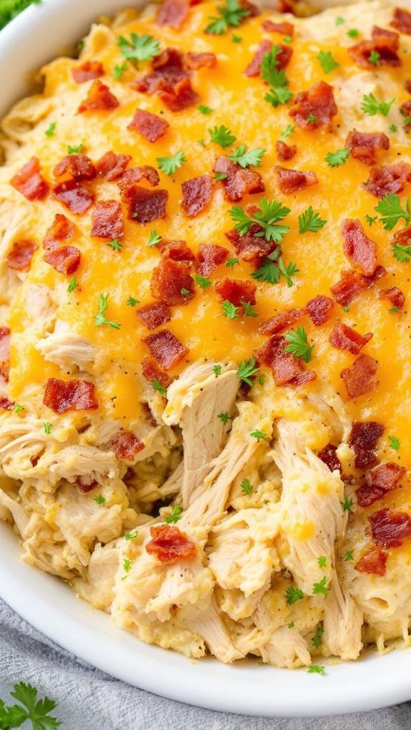 A delicious creamy bacon ranch chicken casserole topped with bacon bits and parsley.