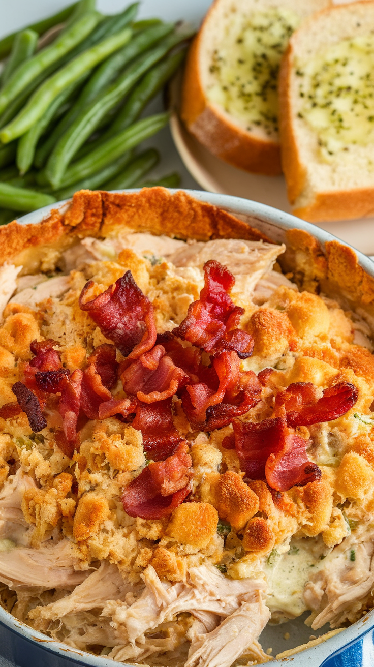 A creamy bacon ranch chicken casserole with bacon on top, served with green beans and garlic bread.