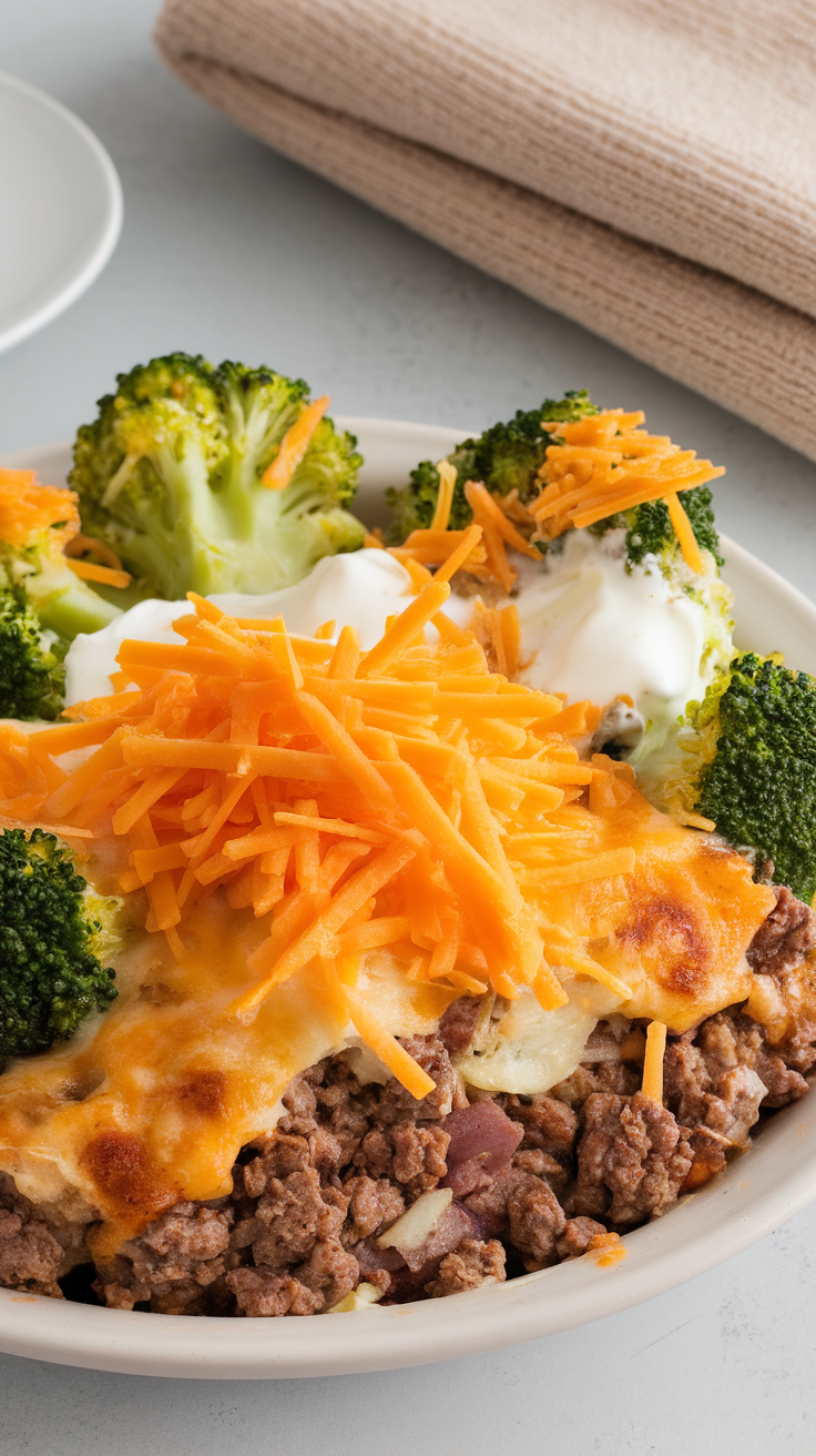 A creamy beef and broccoli casserole topped with shredded cheese and served with broccoli on the side.