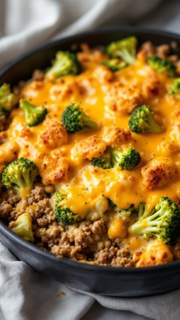 A delicious creamy beef and broccoli casserole topped with melted cheese.