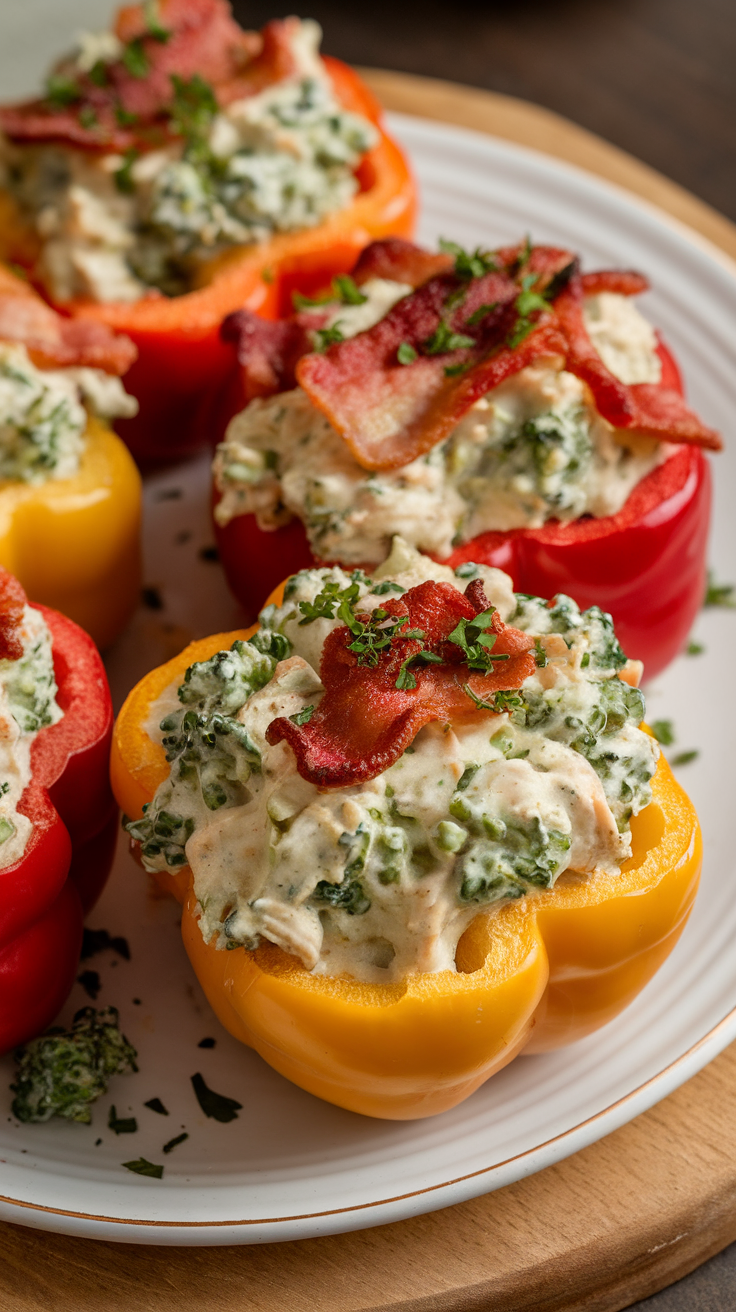 Colorful bell peppers stuffed with creamy broccoli and bacon filling.